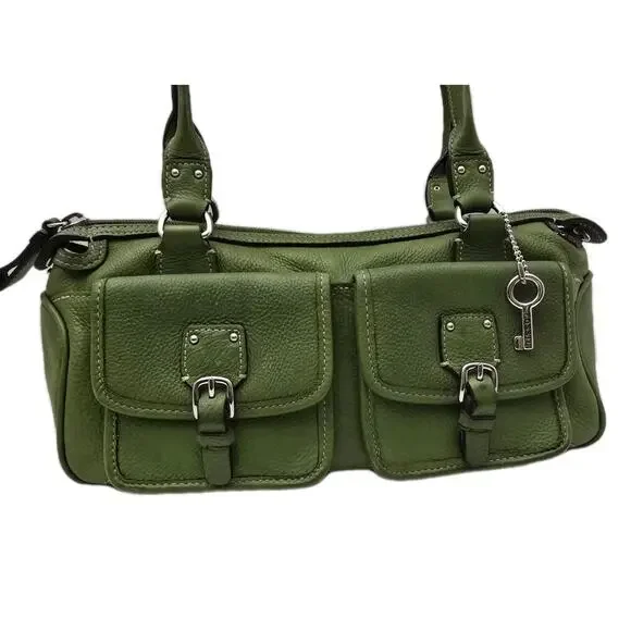 Fossil Satchel Purse Tote Green Leather Top Handles Buckle Pockets Doctors Bag - Picture 2 of 14